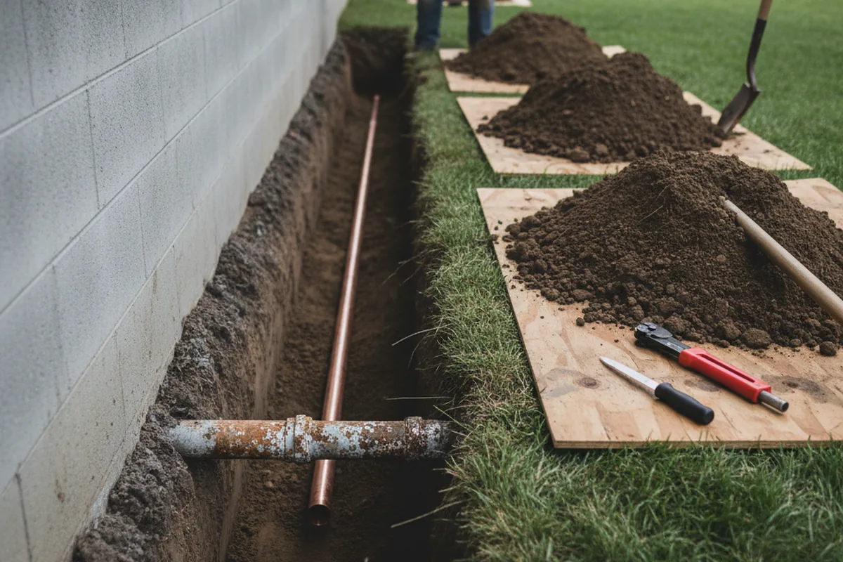 Excavated water line trench during Water Softener Installation in Mehama